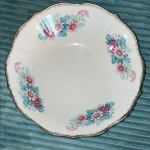 Vintage porcelain serving bowl, white with painted floral design and gold edging